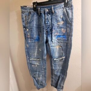 ManXOneTeaspoon Blue Suede Mr Browns Paint Splattered Jeans in Sz 32R